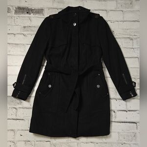 Kenneth Cole Black Wool Blend Belted Trench Coat Zip Cuffs Size 12